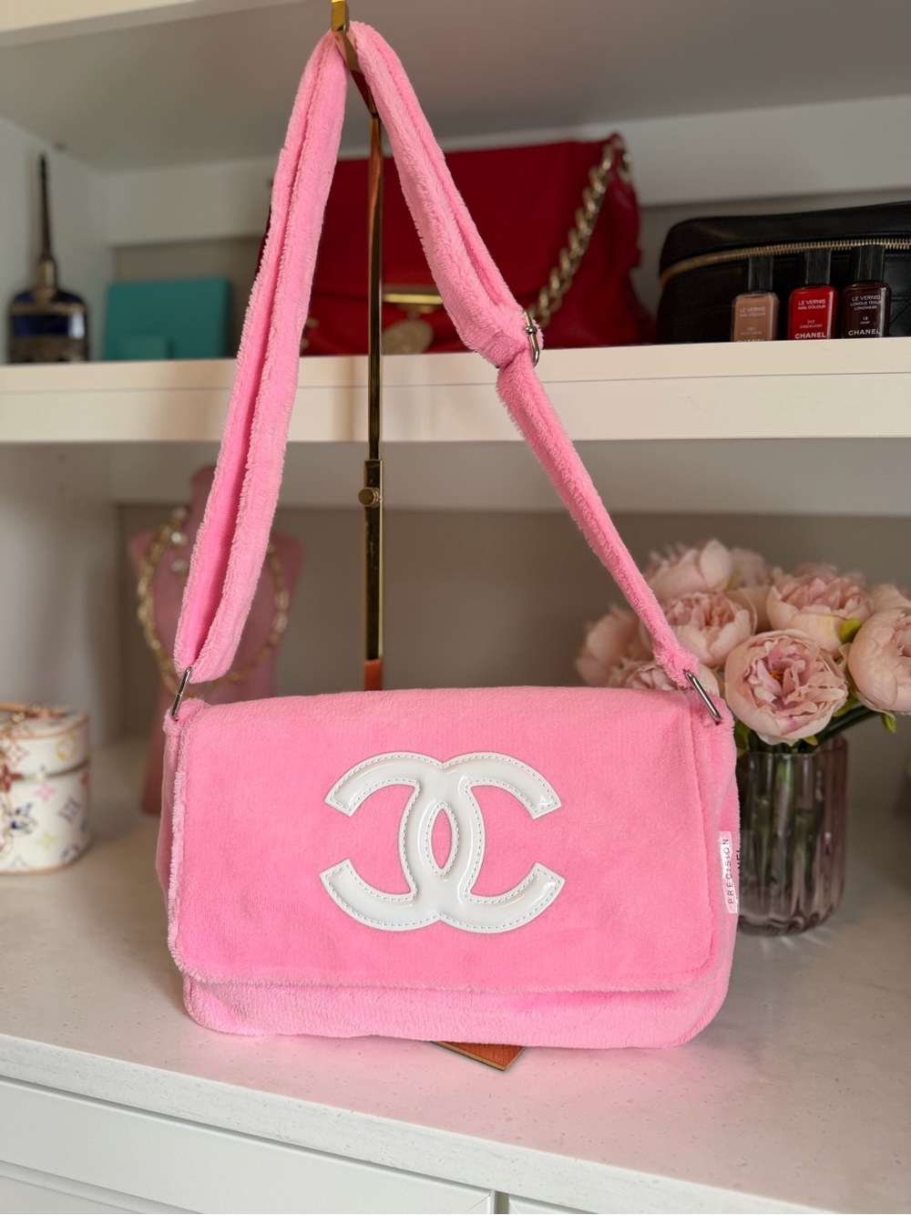 Made for Chanel Precision ~  Pink Plush Shoulder Bag with White CC Logo - Picture 2 of 16